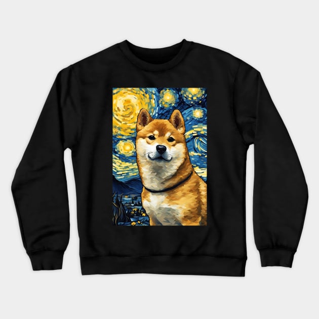 Cute Shiba Inu Dog Breed Painting in a Van Gogh Starry Night Art Style Crewneck Sweatshirt by Art-Jiyuu